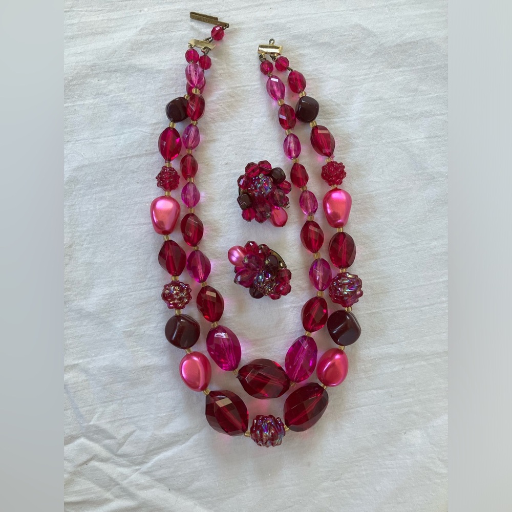 Vintage Fuchsia Double Strand Necklace with Earrings